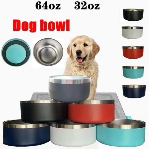 32oz/64oz Stainless Steel Non-Slip Dog Bowl - Double Wall Feeder for Medium to Large Pets