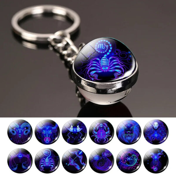 Creative 12 Constellation Key Ring Time Stone Double-Sided Glass Ball Metal Keychain Pendant Key Chain Accessories Fashion Gift - Image 3