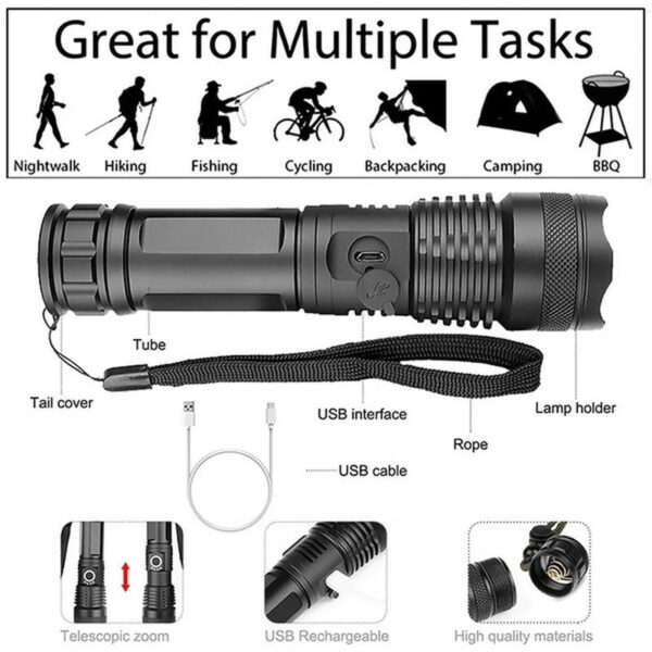 High Power XHP100 Led Flashlight Rechargeable 4 Core Torch Zoom Usb Hand Lantern For Camping, Outdoor & Emergency Use - Image 6