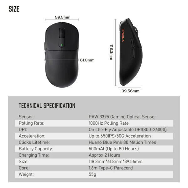 Kysona M600 PAW3395 Wireless Bluetooth Gaming Esports Mouse 55g - Image 3