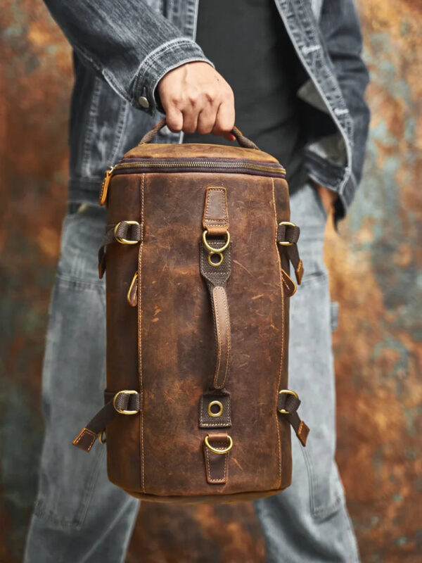 NASVA Genuine Leather Men's Multifunctional Bag Vintage Backpack Crossbody Handbag Tote Cylinder Bag - Image 5