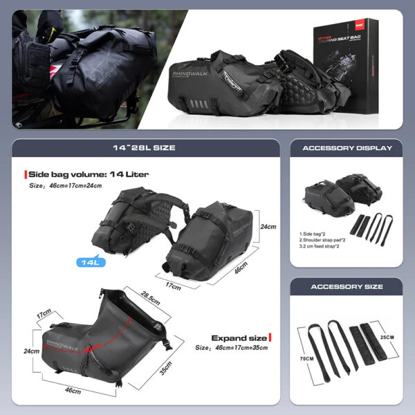 Rhinowalk 100%Waterproof Motorcycle Bags 28L 2Pcs Universal Fit Motor Saddlebag Side Tail Pannier Bag Travel Luggage Accessories - Image 8